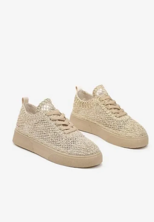 Złote Sneakersy z Ażurowej Koronki na Grubej Podeszwie Nanessia