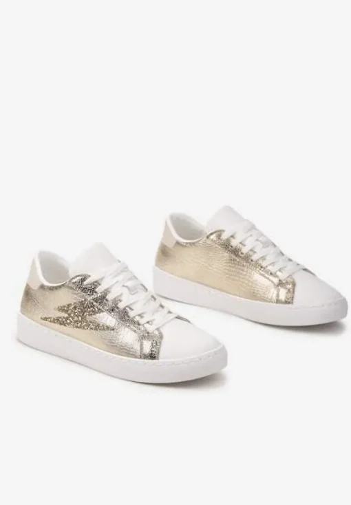 Złote Sneakersy z Brokatem i Przeszyciami Abigadia